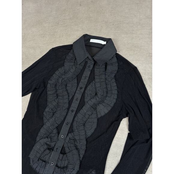 Anne Fontaine Black Button Up Sheer Ruffle Long Sleeve Top Blouse Size 38 US 4/6 - Picture 2 of 8